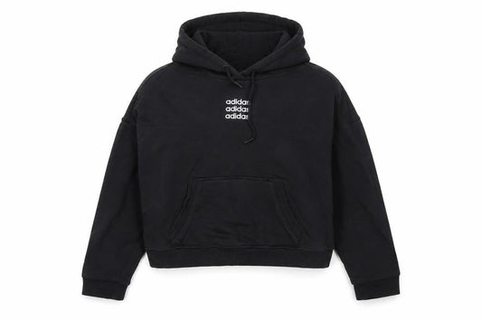 Front view of Adidas women’s black, size UK 10, pullover hoodie sweatshirt with logo
