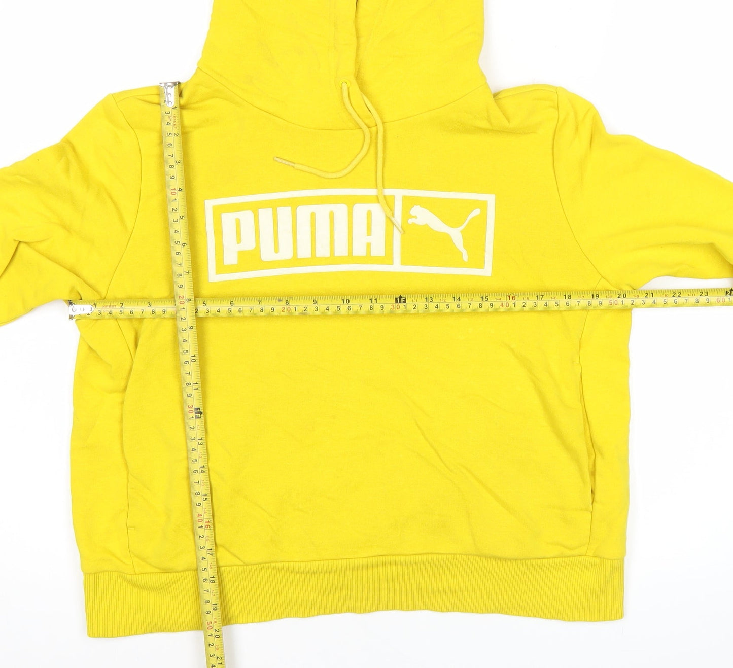 Puma Womens Yellow Hoodie Small Cotton Blend Pullover Logo Sportswear