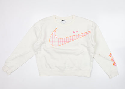 Nike Women’s White Graphic Logo Sweatshirt Size L Cotton Blend