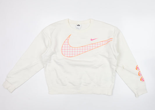 Nike Women’s White Graphic Logo Sweatshirt Size L Cotton Blend