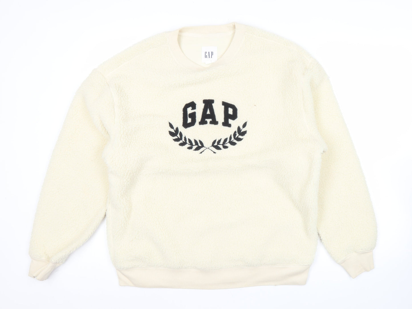 GAP Women Ivory Fleece Sweatshirt Small Logo Crew Neck Pullover