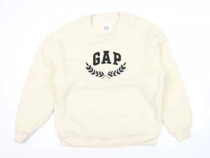 GAP Women Ivory Fleece Sweatshirt Small Logo Crew Neck Pullover
