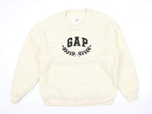 GAP Women Ivory Fleece Sweatshirt Small Logo Crew Neck Pullover