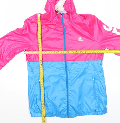Adidas Womens Pink Blue Windbreaker Jacket Size 12 Hooded Sports