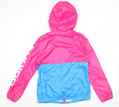 Adidas Womens Pink Blue Windbreaker Jacket Size 12 Hooded Sports