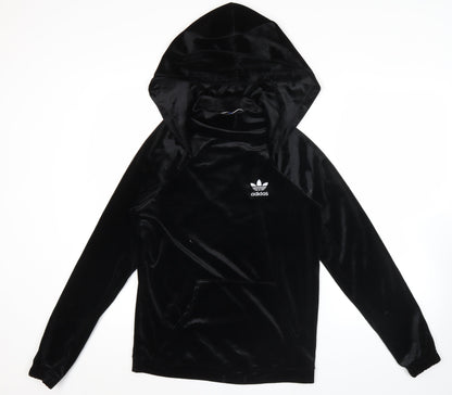 Adidas Womens Black Velour Hoodie UK 12 Pullover Logo Hooded Sweatshirt