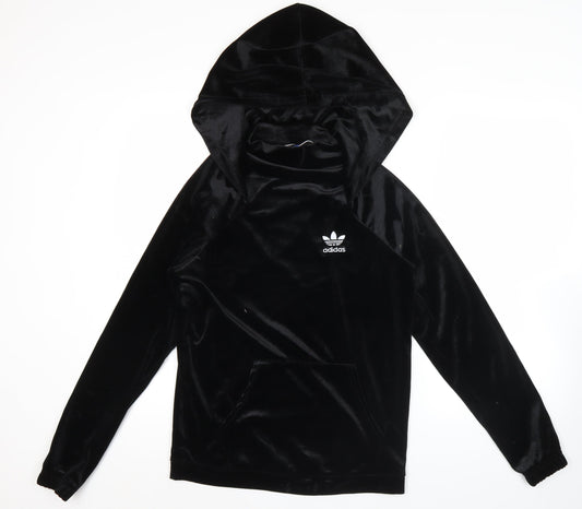 Adidas Womens Black Velour Hoodie UK 12 Pullover Logo Hooded Sweatshirt