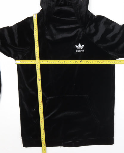 Adidas Womens Black Velour Hoodie UK 12 Pullover Logo Hooded Sweatshirt