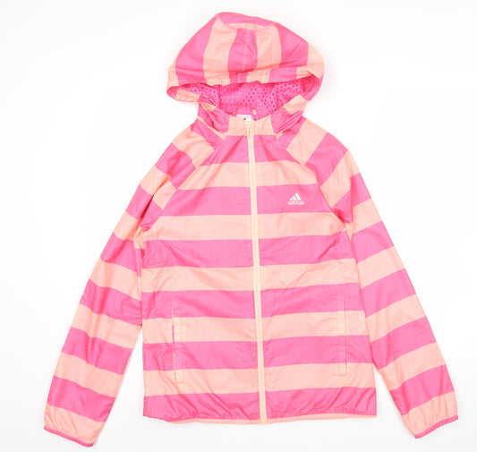 Adidas Women’s Pink Striped Windbreaker Jacket Size 10 UK Hooded