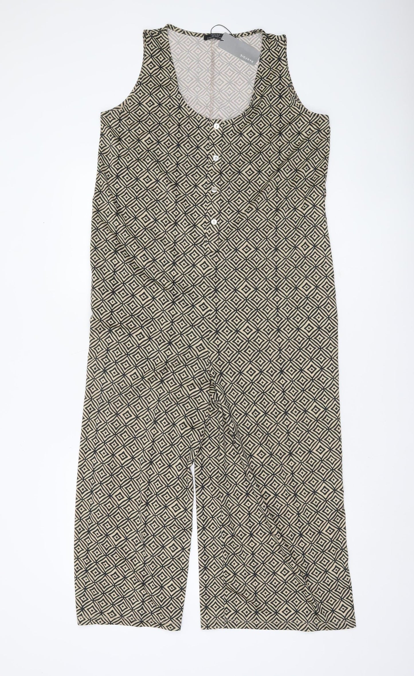 Parfois Women Beige Black Geometric Sleeveless Jumpsuit XS Wide-Leg