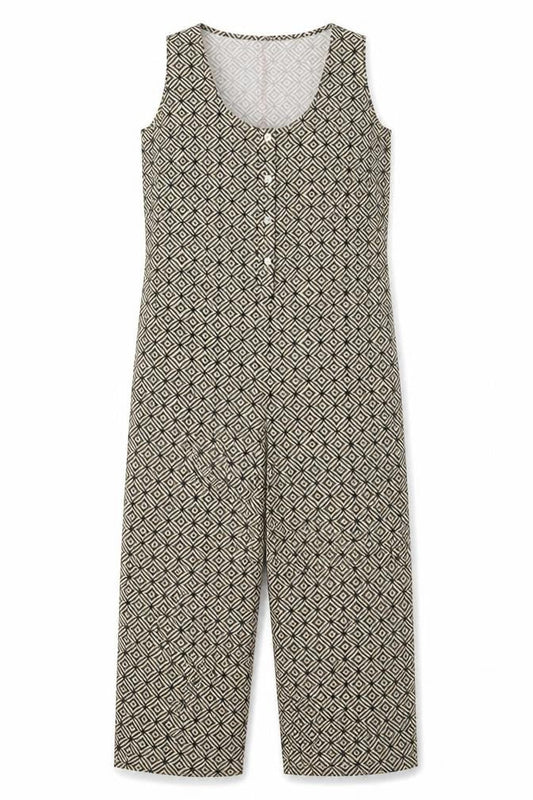 Parfois Women Beige Black Geometric Sleeveless Jumpsuit XS Wide-Leg