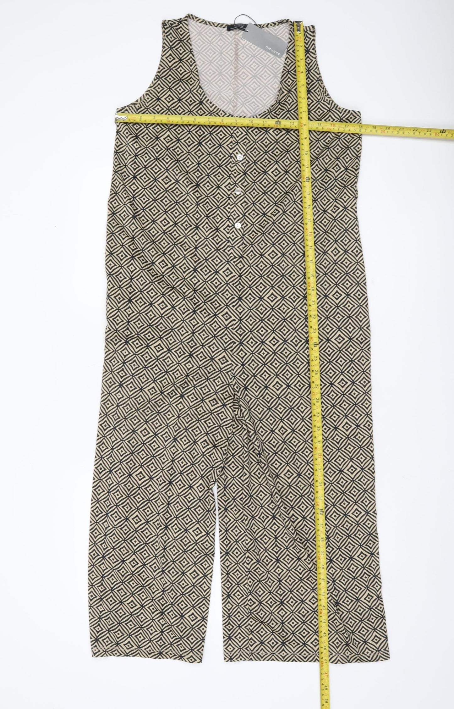 Parfois Women Beige Black Geometric Sleeveless Jumpsuit XS Wide-Leg