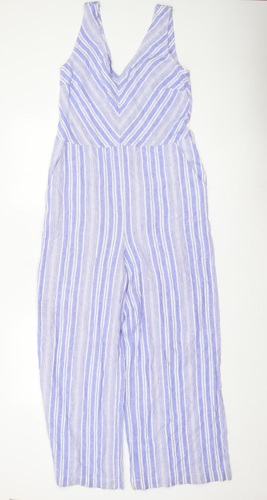Next Women’s Blue Striped Linen Blend Sleeveless Jumpsuit Size 10