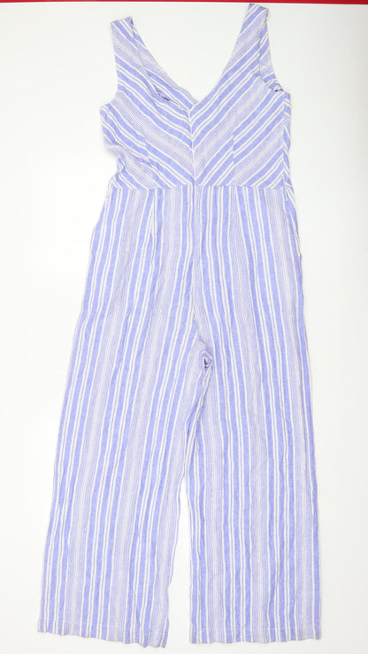 Next Women’s Blue Striped Linen Blend Sleeveless Jumpsuit Size 10