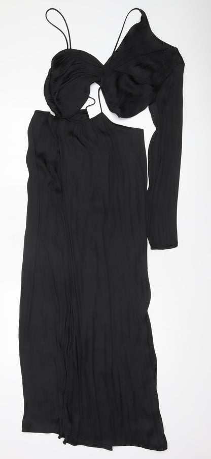 Zara Women Black One Shoulder Cut Out Midi Bodycon Dress Size 14