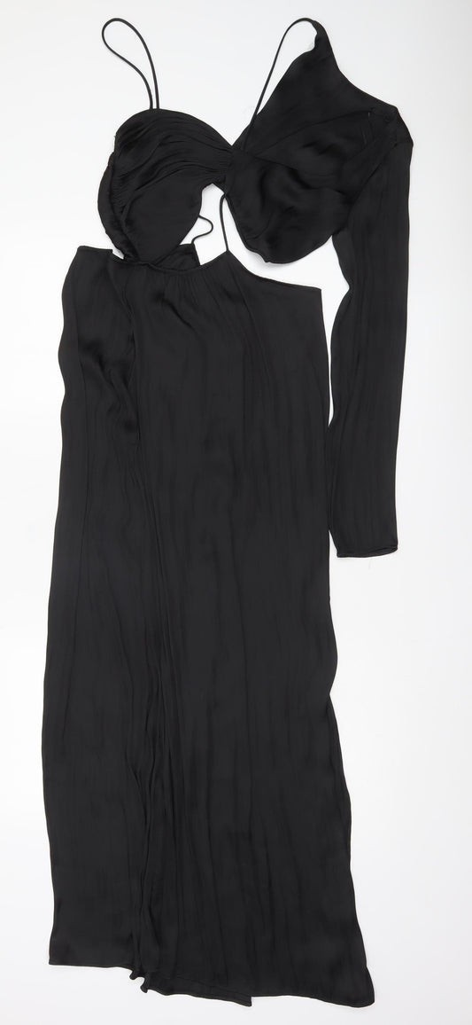Zara Women Black One Shoulder Cut Out Midi Bodycon Dress Size 14