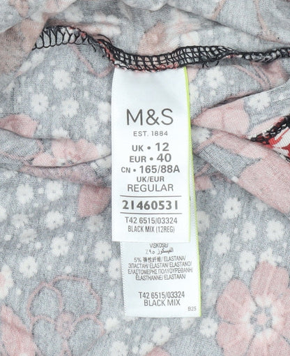 Marks and Spencer Women’s Black Floral Shift Dress UK 12 Long Sleeve