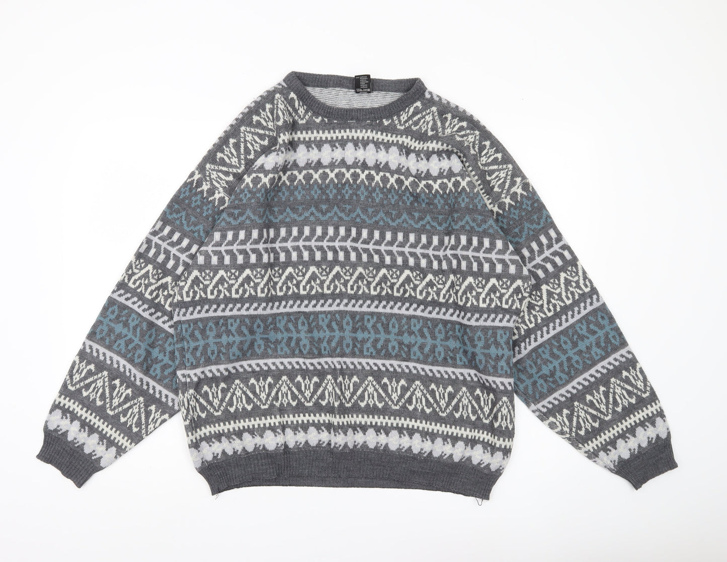 C&A Men’s Grey Fair Isle Acrylic Knit Jumper Size L Crew Neck