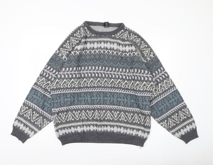 C&A Men’s Grey Fair Isle Acrylic Knit Jumper Size L Crew Neck