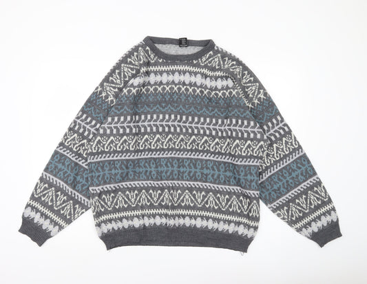 C&A Men’s Grey Fair Isle Acrylic Knit Jumper Size L Crew Neck