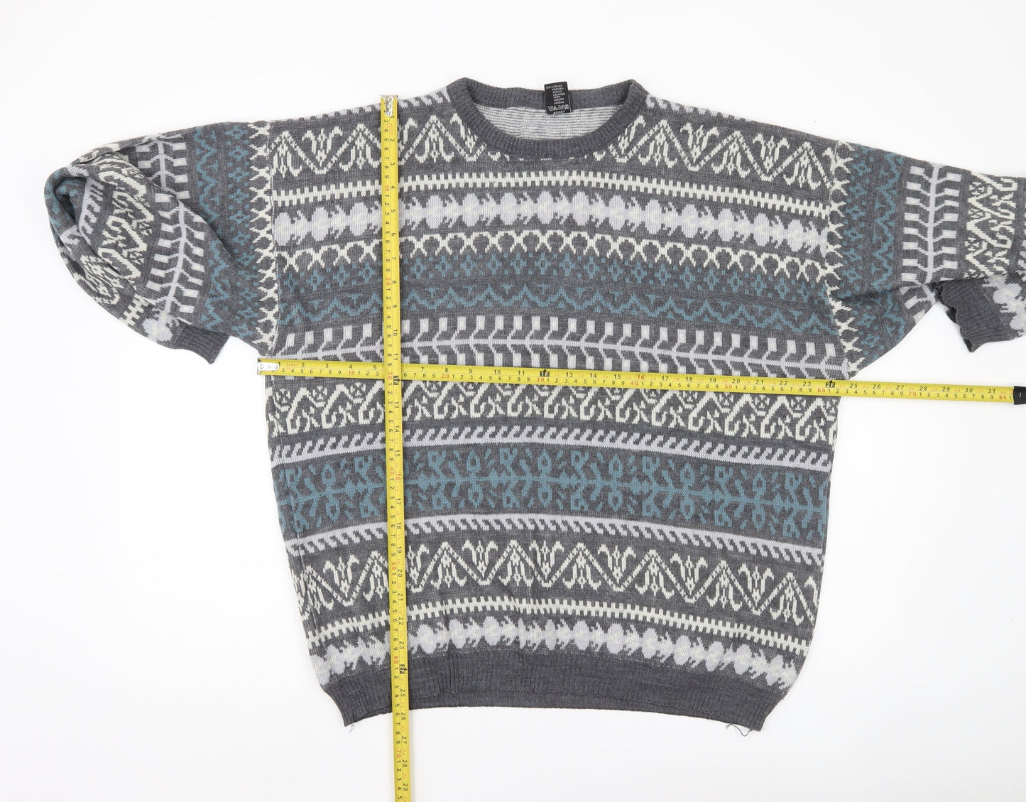 C&A Men’s Grey Fair Isle Acrylic Knit Jumper Size L Crew Neck