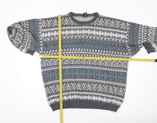 C&A Men’s Grey Fair Isle Acrylic Knit Jumper Size L Crew Neck