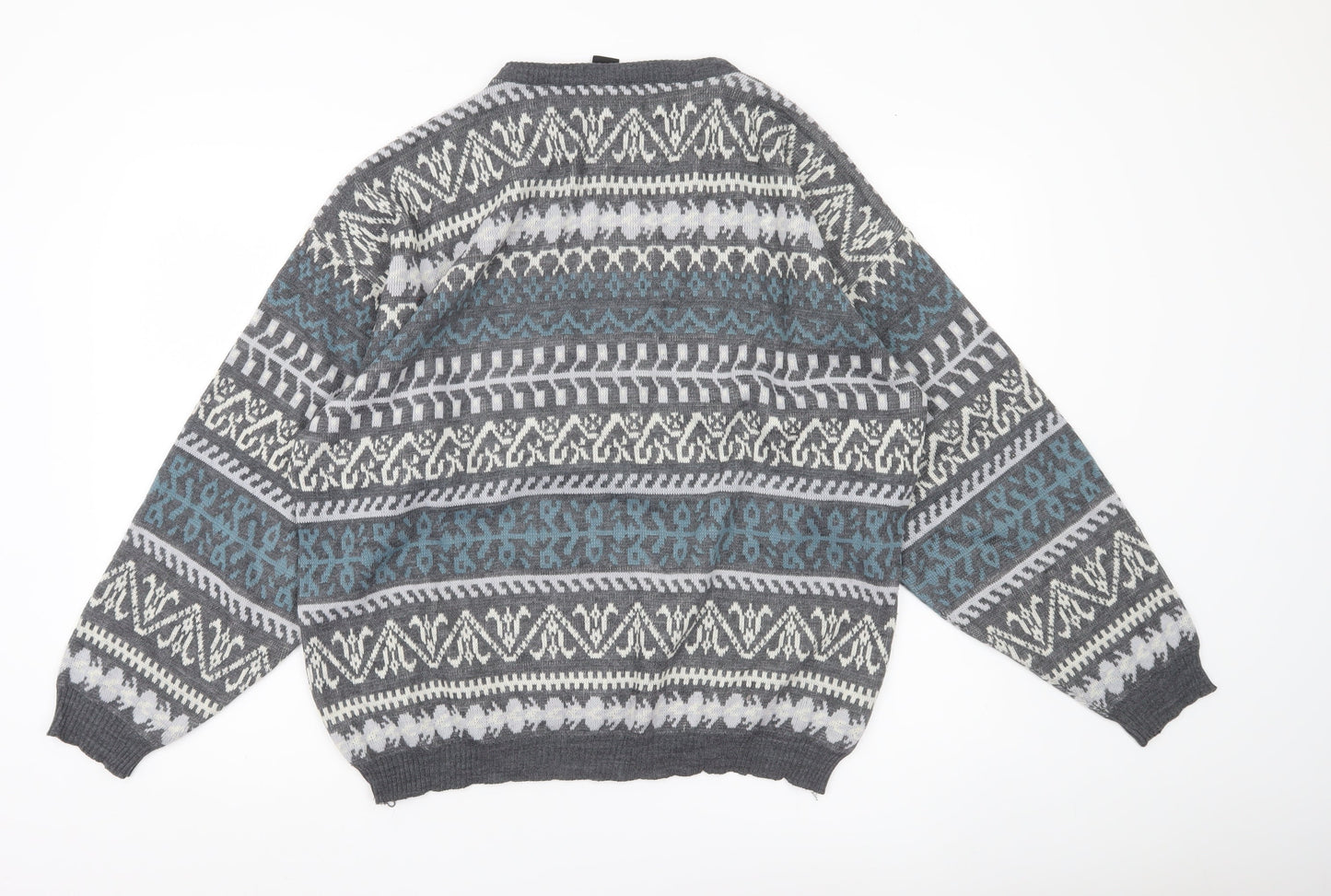 C&A Men’s Grey Fair Isle Acrylic Knit Jumper Size L Crew Neck