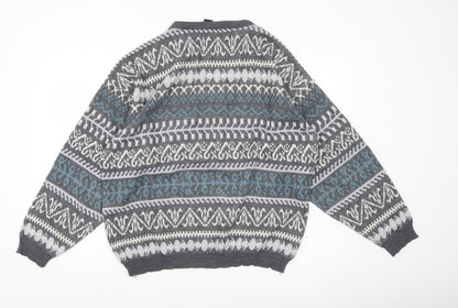 C&A Men’s Grey Fair Isle Acrylic Knit Jumper Size L Crew Neck