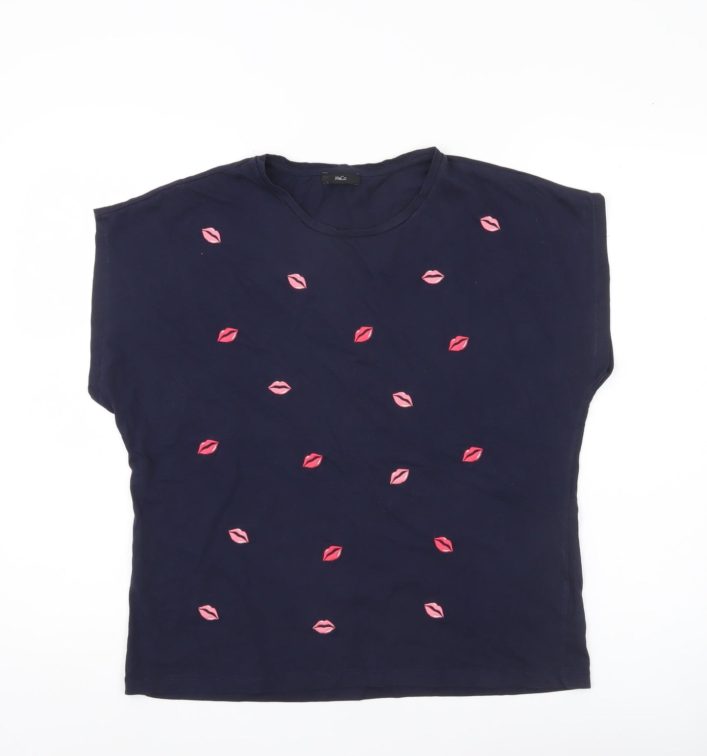 M&Co Womens Navy Blue Cotton Crew Neck T-Shirt Size 16 Embroidered Lips