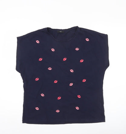 M&Co Womens Navy Blue Cotton Crew Neck T-Shirt Size 16 Embroidered Lips
