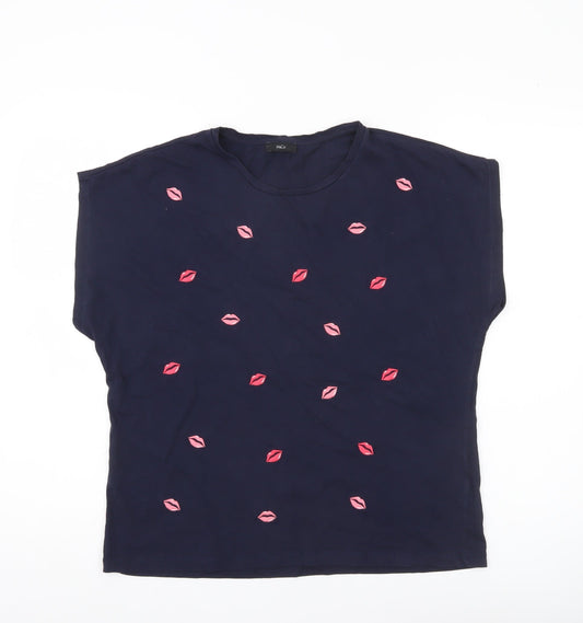 M&Co Womens Navy Blue Cotton Crew Neck T-Shirt Size 16 Embroidered Lips