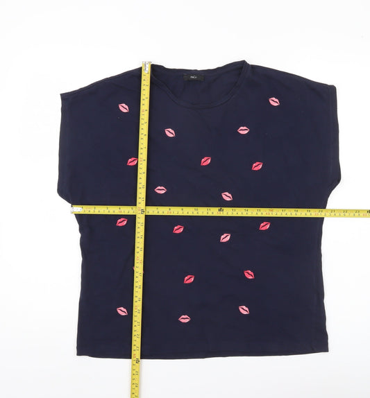 M&Co Womens Navy Blue Cotton Crew Neck T-Shirt Size 16 Embroidered Lips