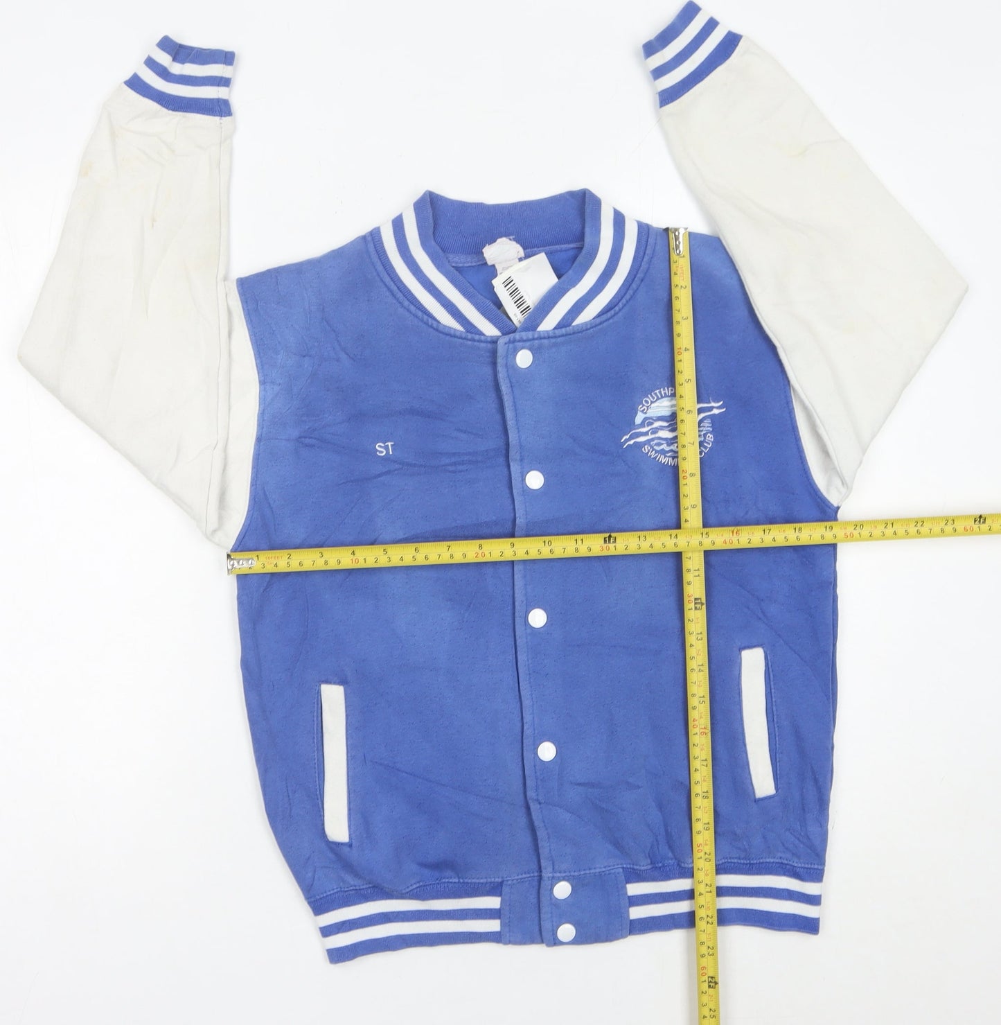 AWDis Boys Blue White Varsity Jacket 12-13 Years Cotton Blend