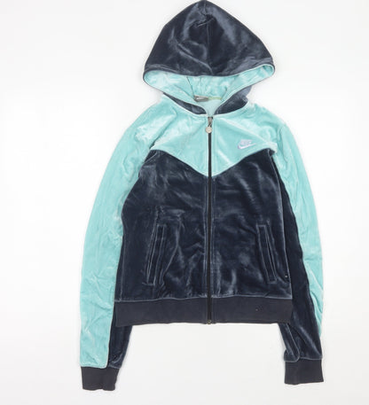 Nike Womens Blue Velour Full Zip Hoodie Sweatshirt UK 8