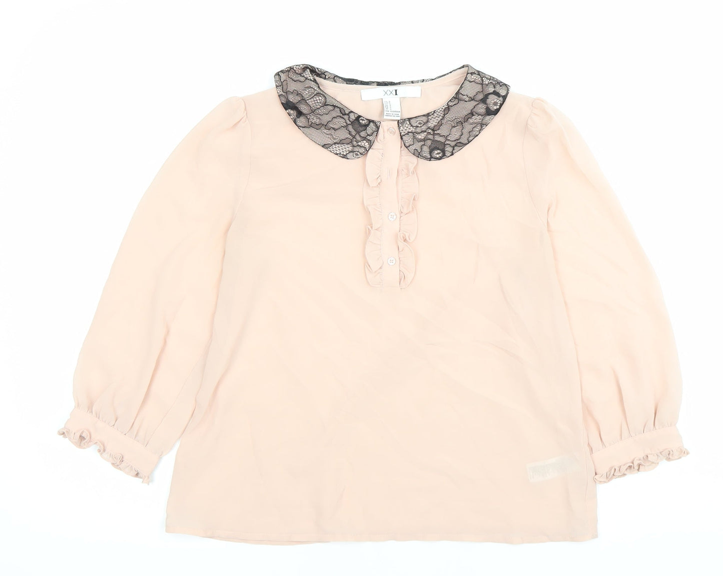 XXI Women's Pink Polyester Chiffon Blouse Size S Collared Ruffle