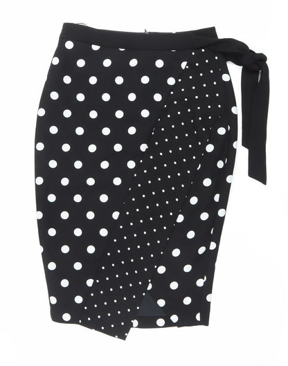 Oasis Women’s Black Polka Dot Wrap Skirt Size 6 Knee Length Retro