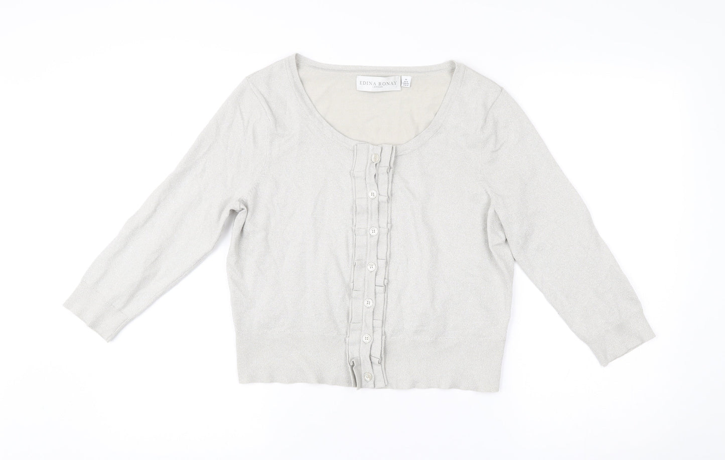 Edina Ronay Womens Grey Size 16 Cardigan Scoop Neck Ruffle Button Knit