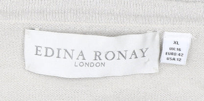 Edina Ronay Womens Grey Size 16 Cardigan Scoop Neck Ruffle Button Knit