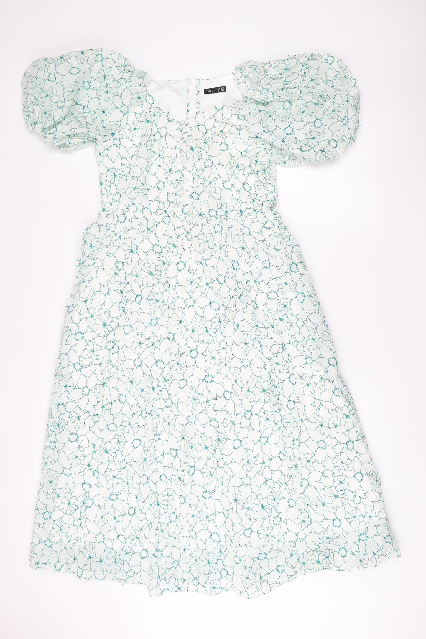 Splash Women’s White Floral A-Line Dress UK 12 Short Puff Sleeve
