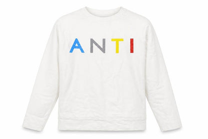 Front view of Antioch unisex white pullover sweatshirt small graphic logo cotton