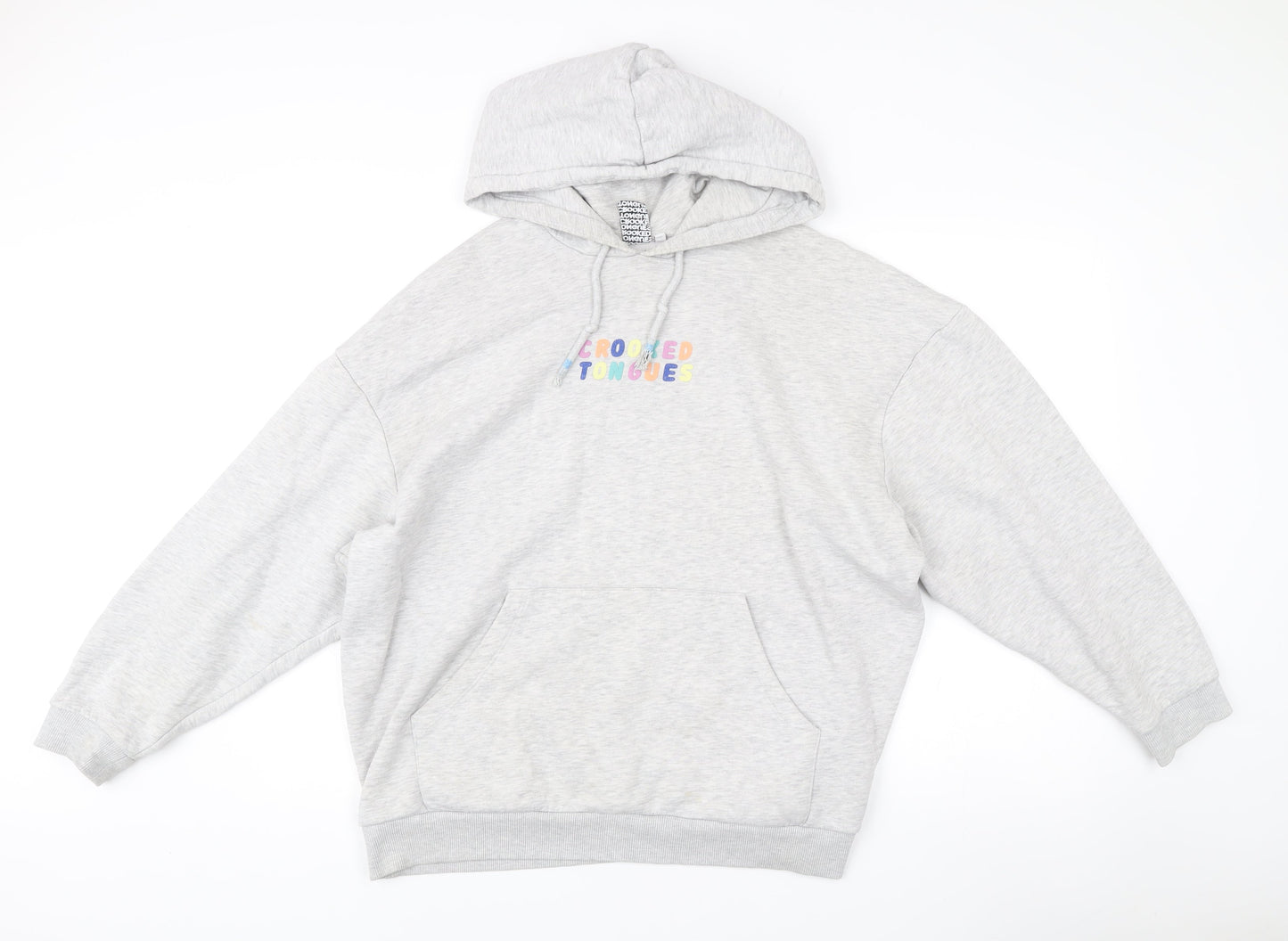 Crooked Tongues Mens Grey Pullover Hoodie L Logo Print Casual