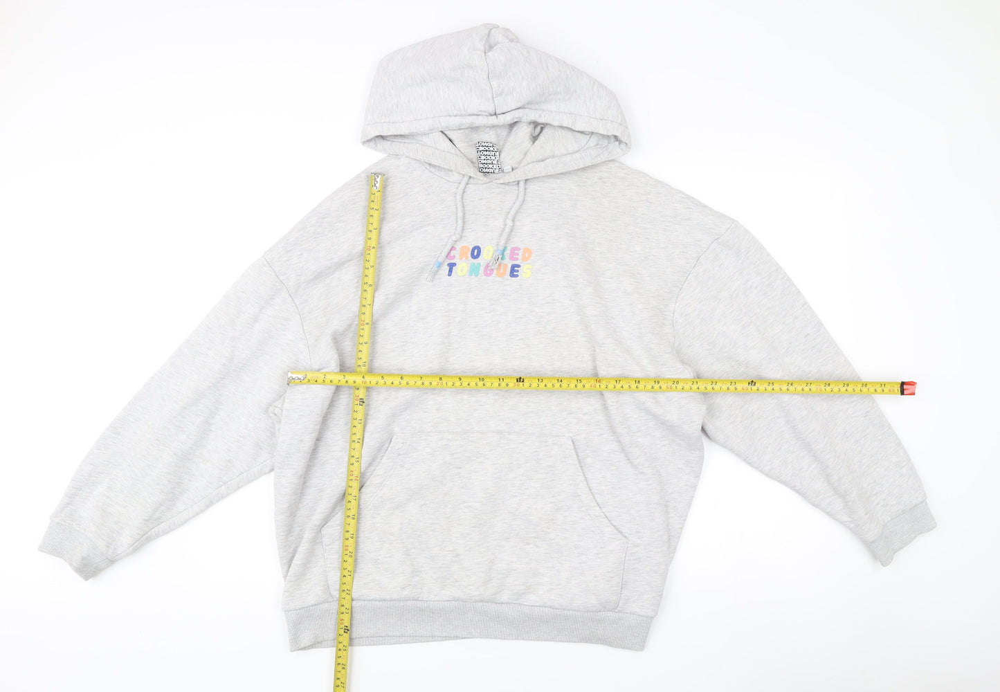 Crooked Tongues Mens Grey Pullover Hoodie L Logo Print Casual