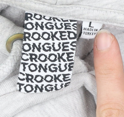 Crooked Tongues Mens Grey Pullover Hoodie L Logo Print Casual