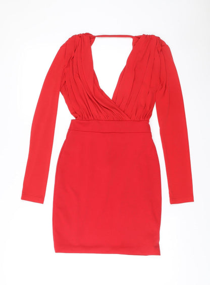 Hedonia Women’s Red Bodycon Mini Dress Size 8 Long Sleeve V-Neck Party