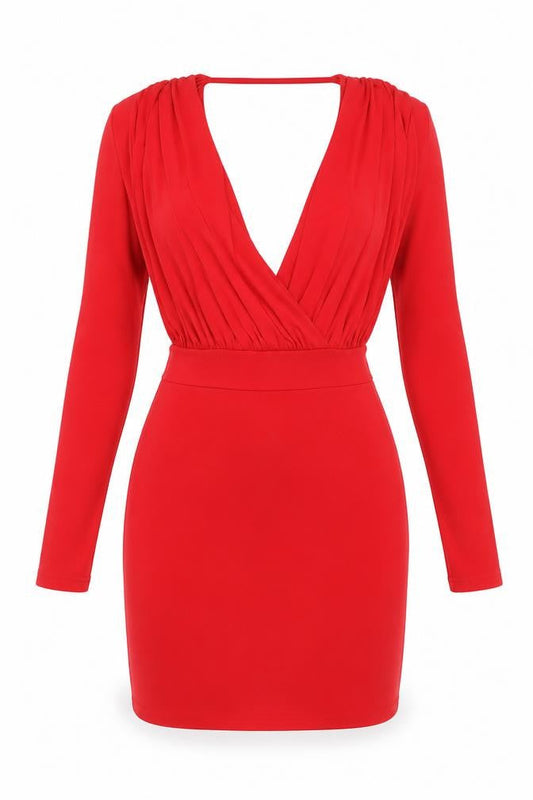 Hedonia Women’s Red Bodycon Mini Dress Size 8 Long Sleeve V-Neck Party