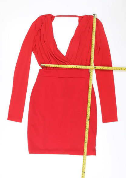 Hedonia Women’s Red Bodycon Mini Dress Size 8 Long Sleeve V-Neck Party