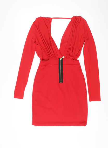Hedonia Women’s Red Bodycon Mini Dress Size 8 Long Sleeve V-Neck Party