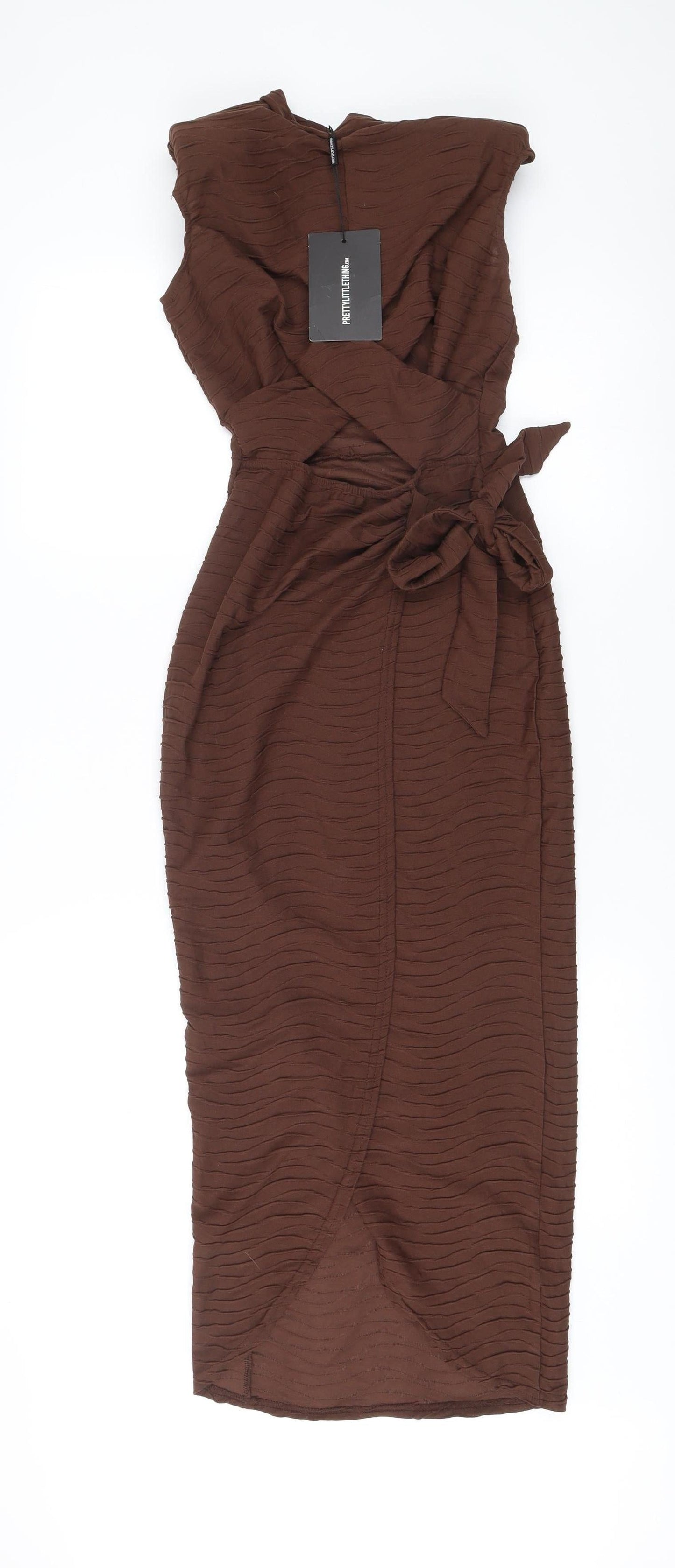 PrettyLittleThing Women’s Brown Midi Wrap Dress Size 6 High Neck
