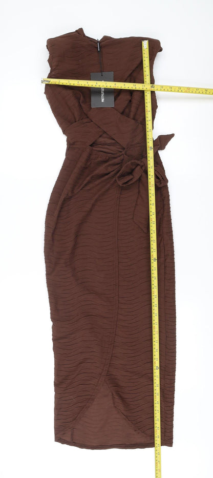 PrettyLittleThing Women’s Brown Midi Wrap Dress Size 6 High Neck