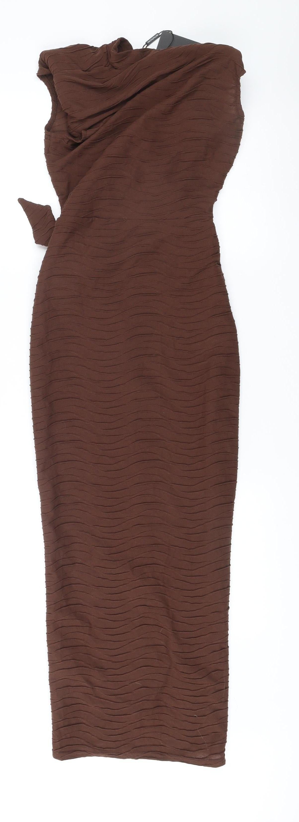 PrettyLittleThing Women’s Brown Midi Wrap Dress Size 6 High Neck